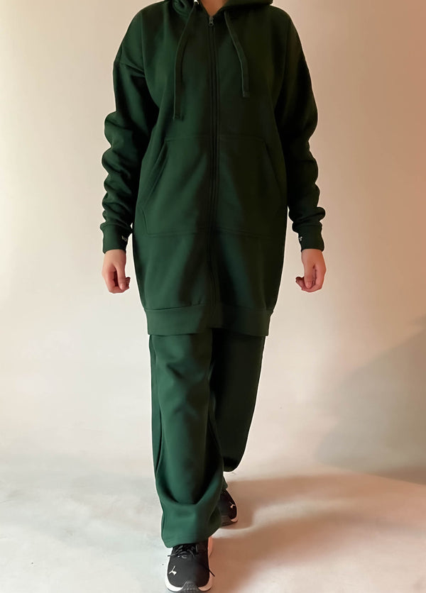 Bottle-green zipper sweatsuit with embroidery